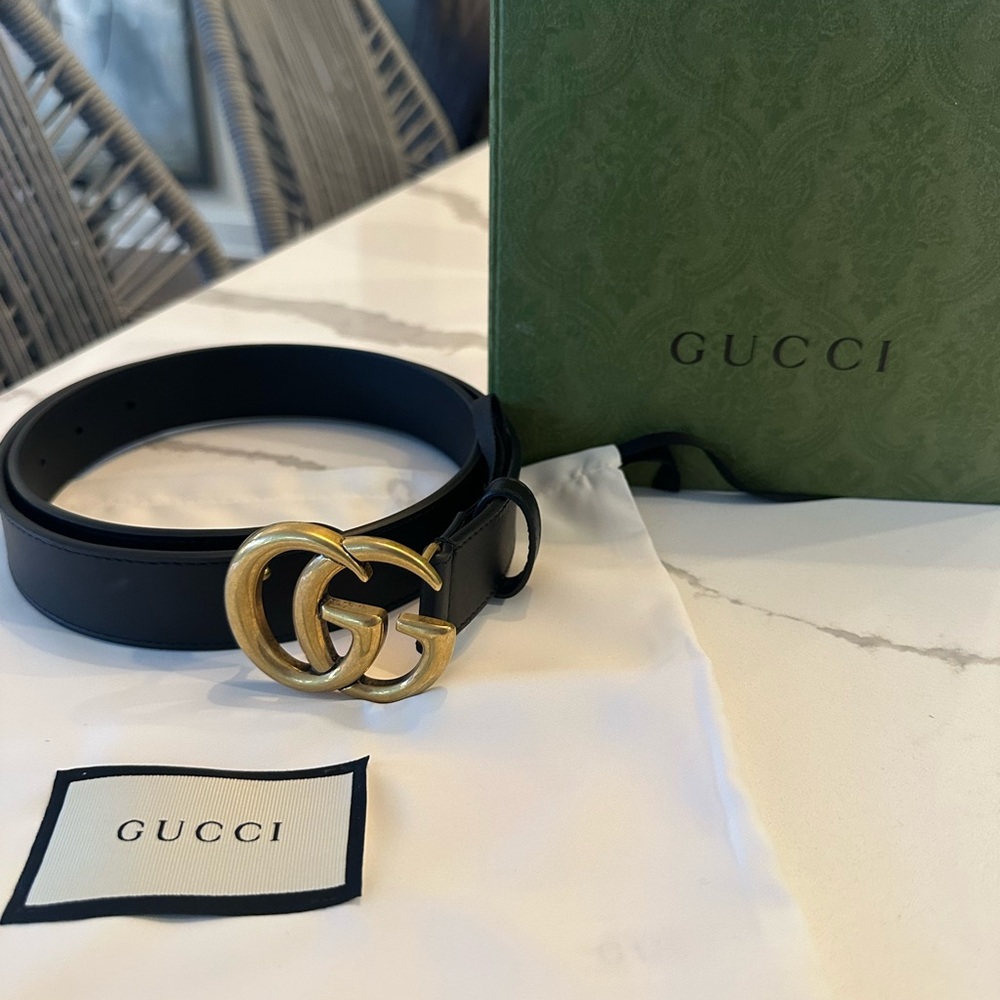 Gucci Black and Gold Belt with Iconic Double G Buckle